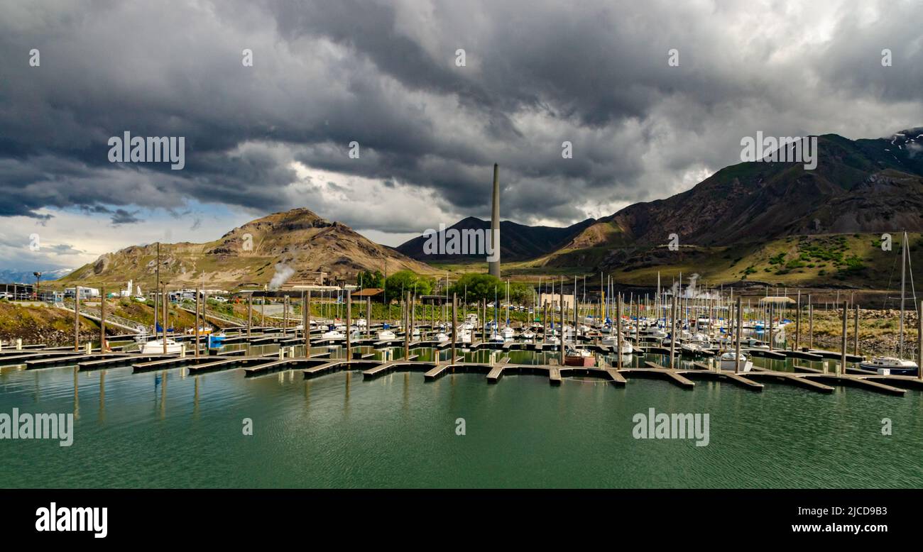 A yacht pier on the shore of a hypersaline lake. Great Salt Lake State ...