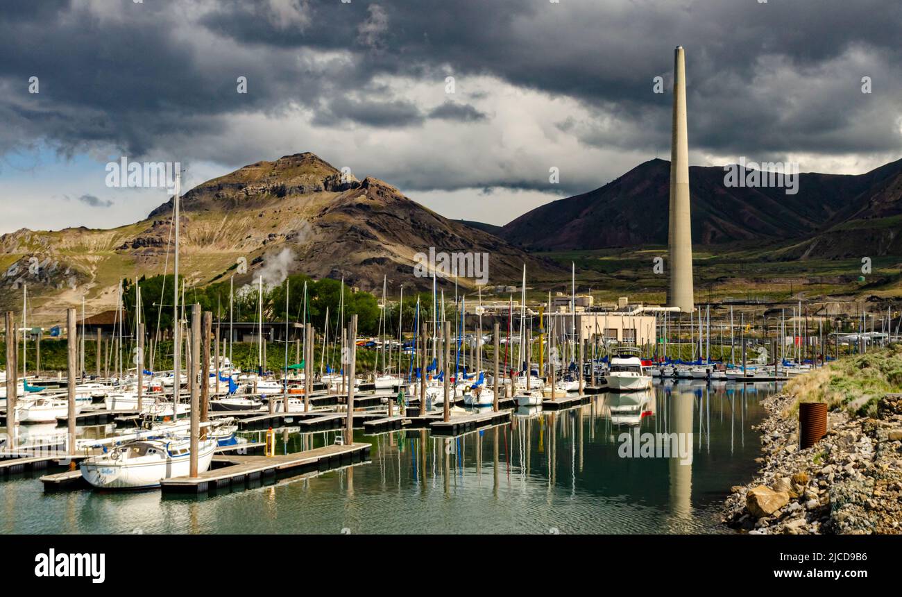 A yacht pier on the shore of a hypersaline lake. Great Salt Lake State ...