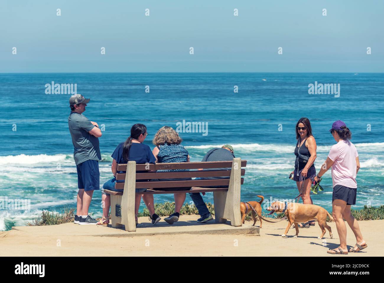 People sitting on a bench above Windansea Beach. La Jolla, California, USA. Stock Photo
