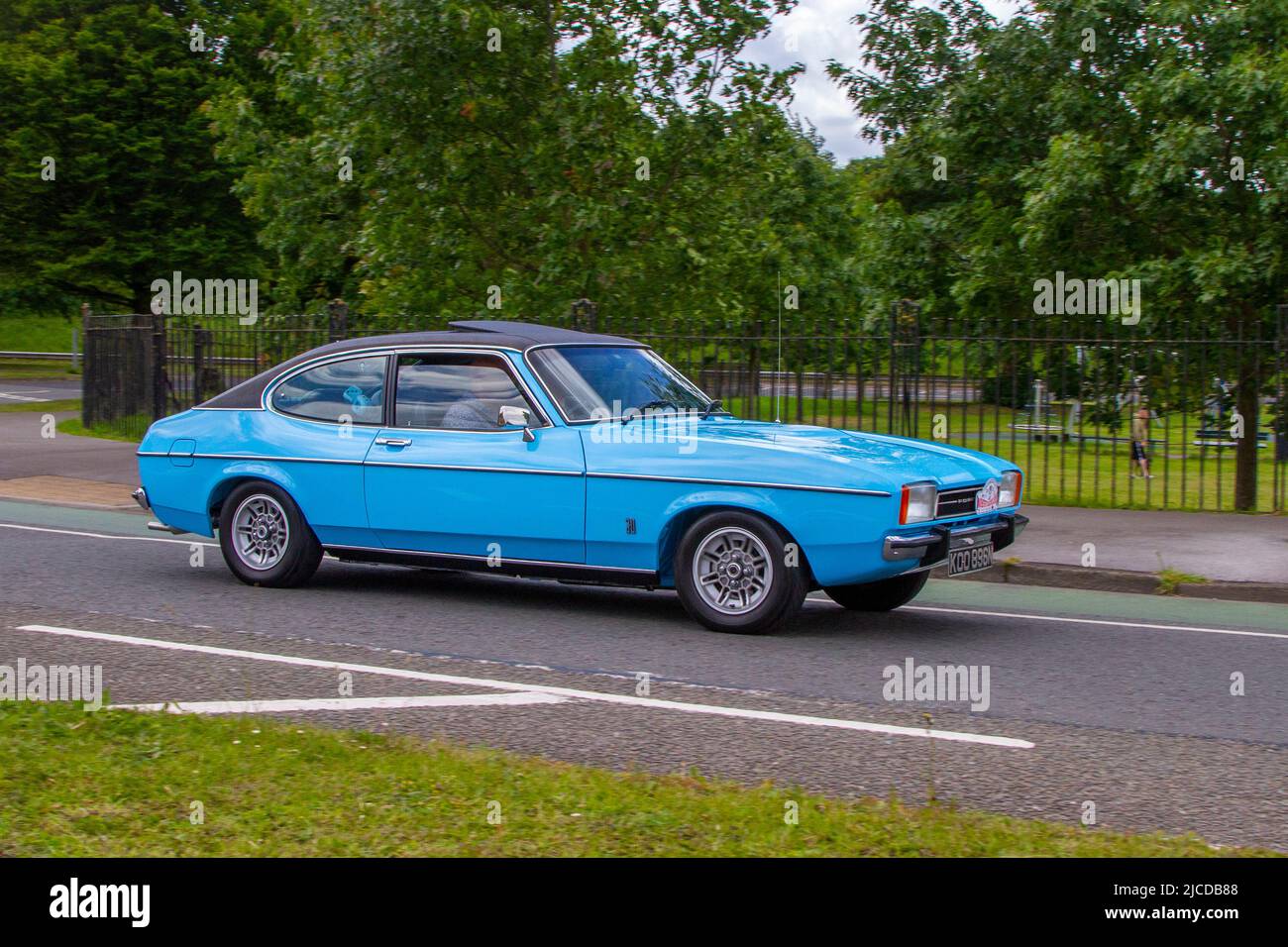1975 70s seventies blue Ford Capri 2994cc petrol; automobiles featured during the 58th year of the Manchester to Blackpool Touring Assembly for Veteran, Vintage, Classic and Cherished cars. Stock Photo