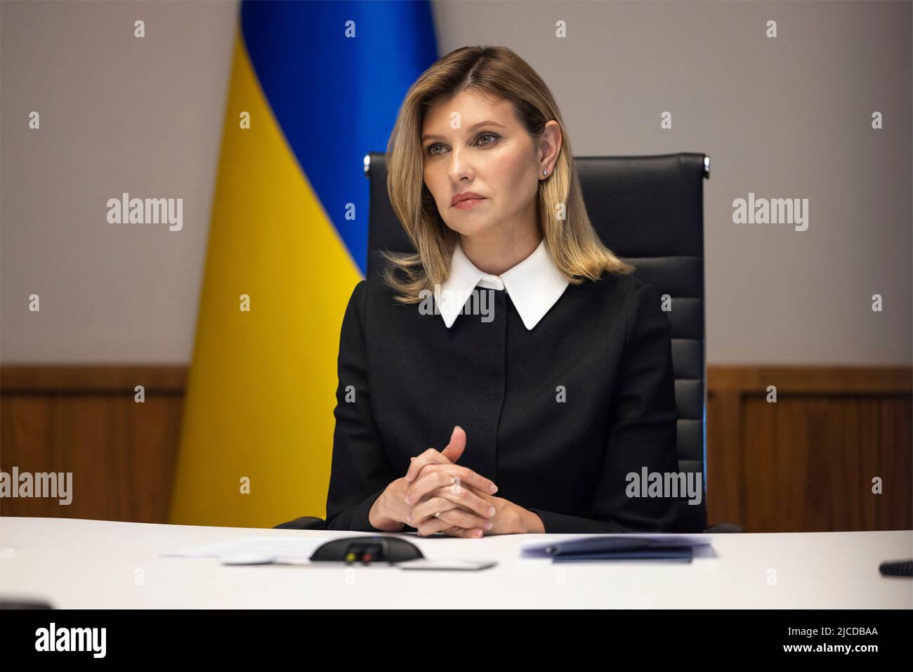 Kyiv, Ukraine. 10th June, 2022. Ukrainian First Lady Olena Zelenska, delivers an address to the international conference Women in Conflicts via video link from her office, June 10, 2022 in Kyiv, Ukraine. Credit: Ukrainian Presidential Press Office/Ukraine Presidency/Alamy Live News Stock Photo