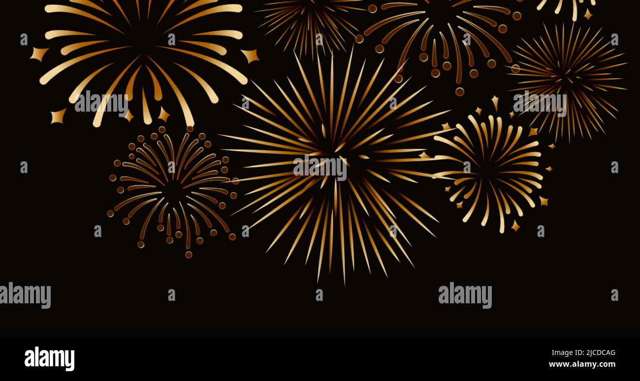 Image of exploding gold fireworks scrolling on black background Stock Photo