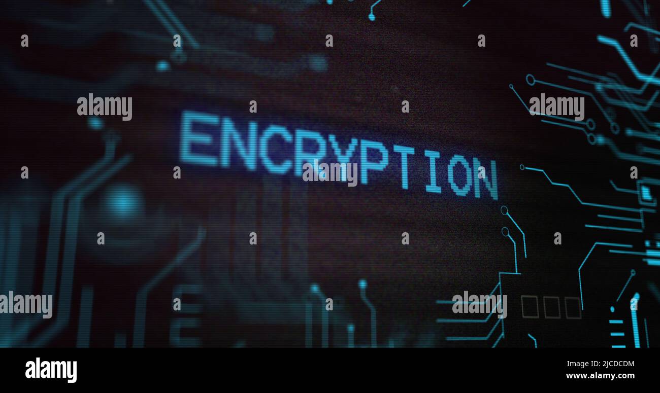 Image of interference over encryption text, data processing and computer circuit board Stock Photo