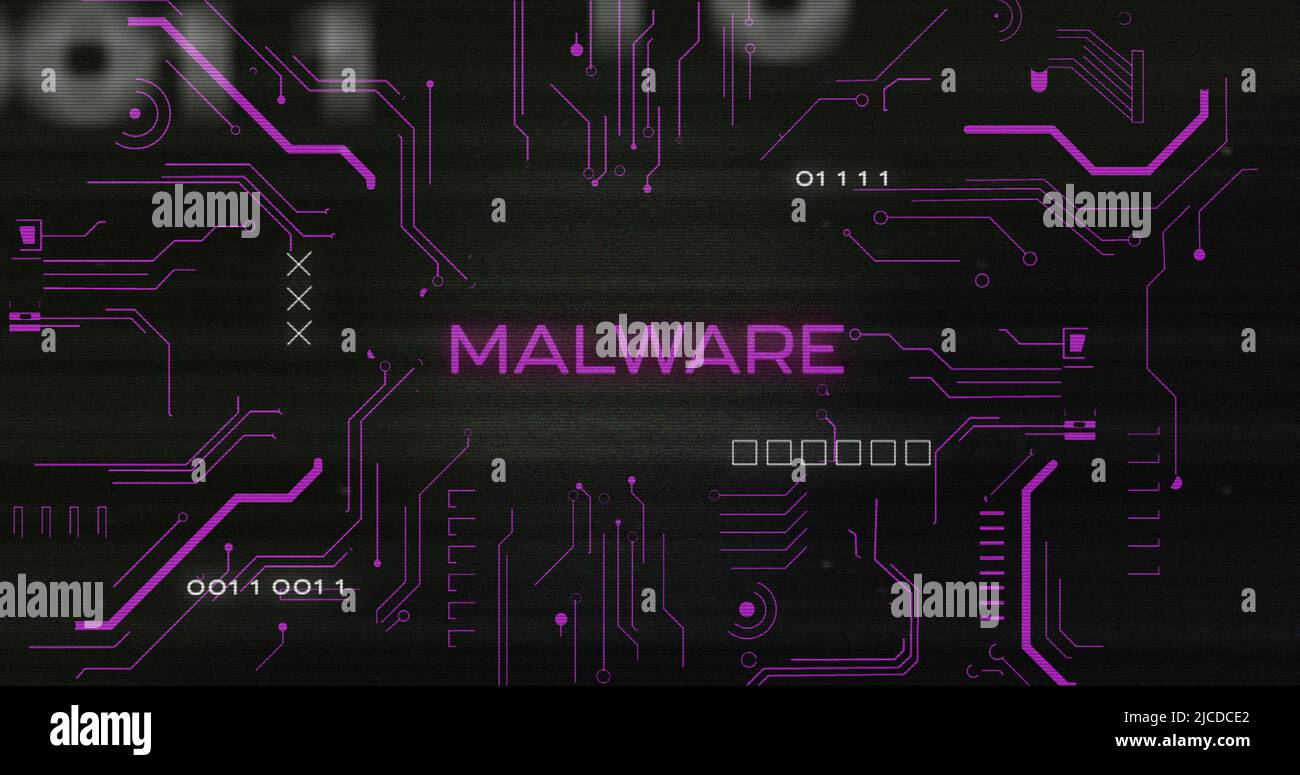 Image of interference over malware text, data processing and computer circuit board Stock Photo