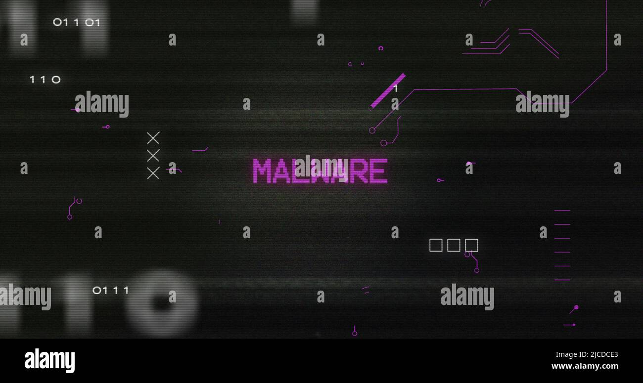 Image of interference over malware text, data processing and computer circuit board Stock Photo