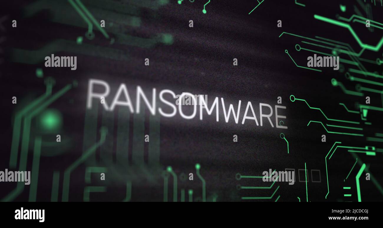 Image of interference over ransomware text, data processing and computer circuit board Stock Photo