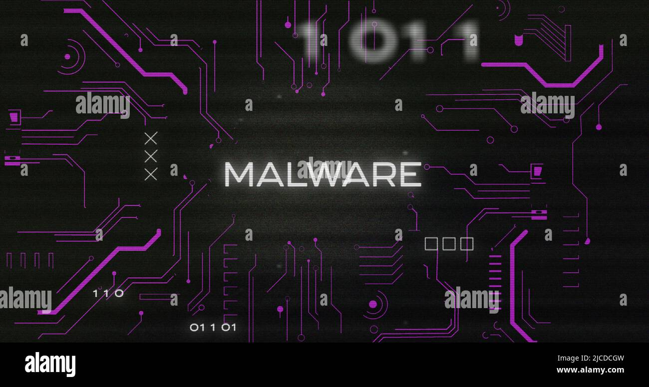 Image of interference over malware text, data processing and computer circuit board Stock Photo