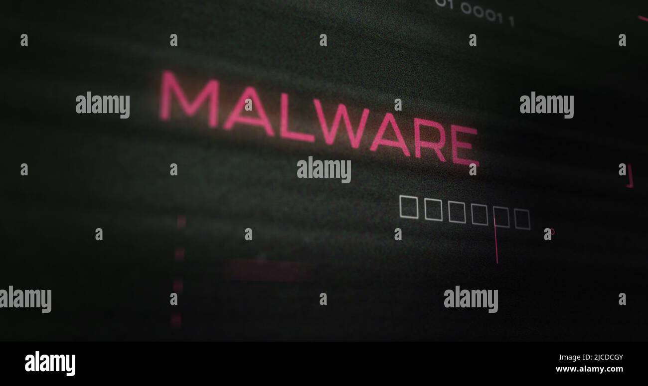 Image of interference over malware text, data processing and computer circuit board Stock Photo