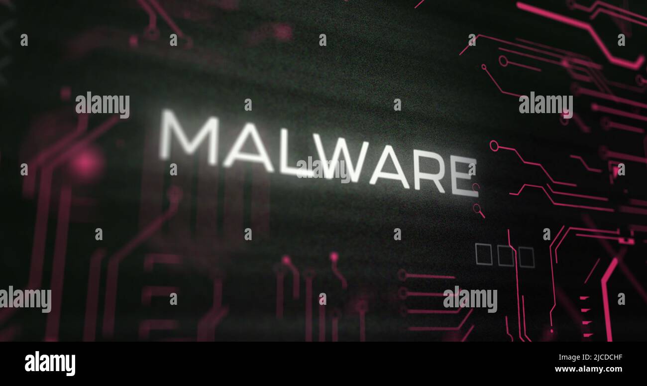 Image of interference over malware text, data processing and computer circuit board Stock Photo