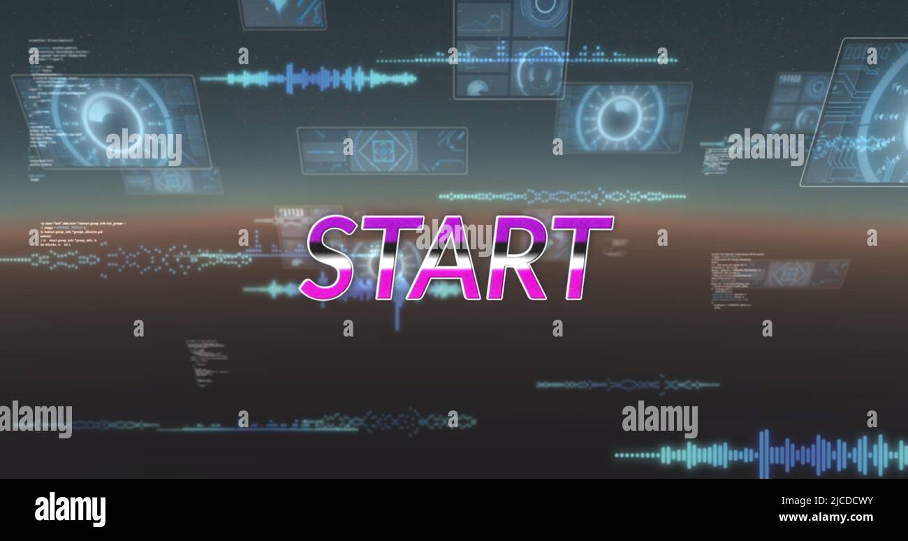 Image of start text and data processing on black background Stock Photo