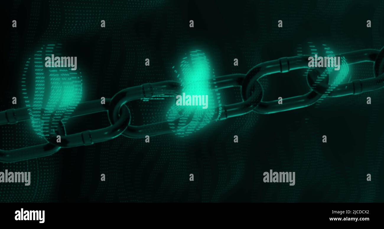 Image of data processing and chain over black background Stock Photo