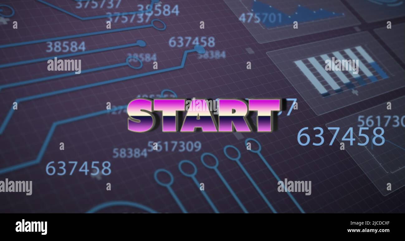 Image of start text and data processing on gray background Stock Photo