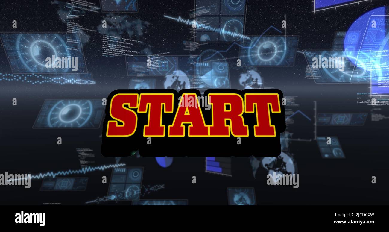 Image of start text and data processing on black background Stock Photo