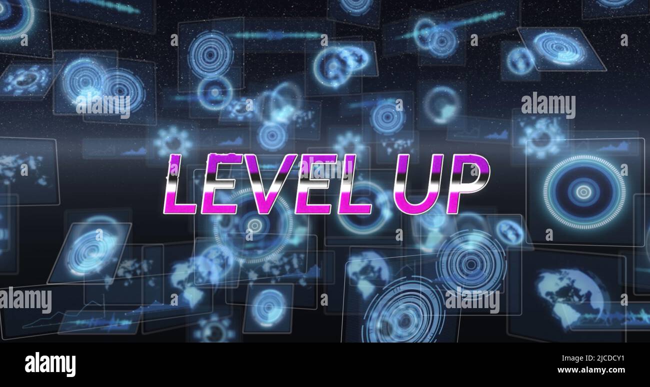 Image of level up text and data processing on black background Stock ...
