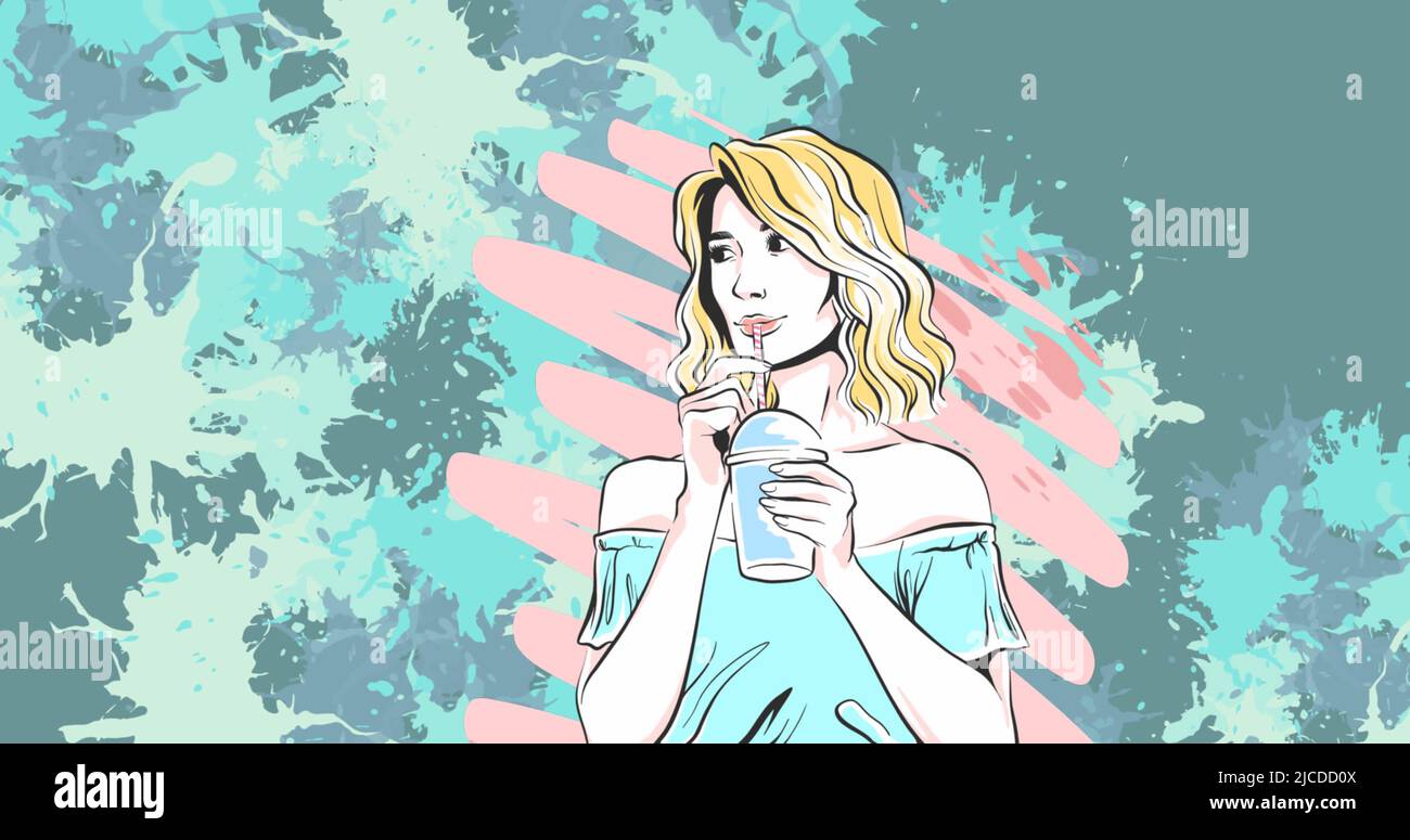 Image of caucasian woman drinking shake over colourful stains on green ...