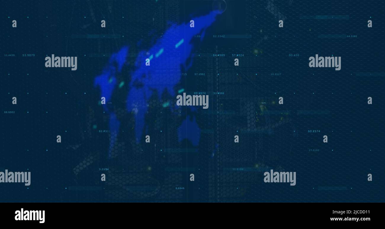 Image of world map, numbers changing and data processing Stock Photo