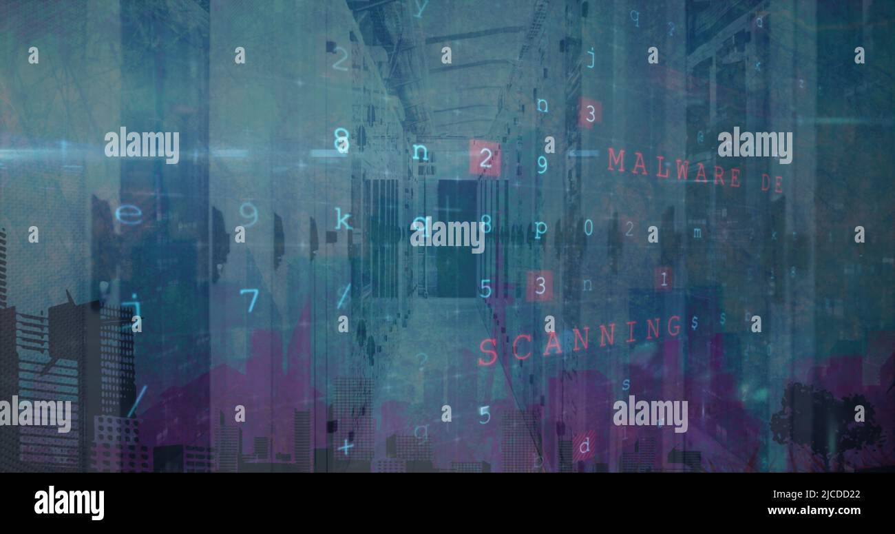 Image of cyber attack warning data processing over computer servers Stock Photo