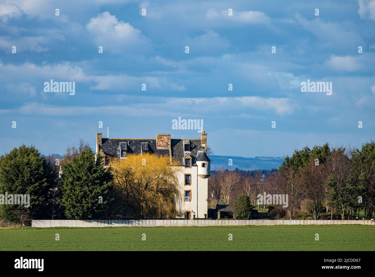 Scottish baronial architecture, a fortified mansion house, Ballencrieff House on a sunny day, East Lothian, Scotland, UK Stock Photo