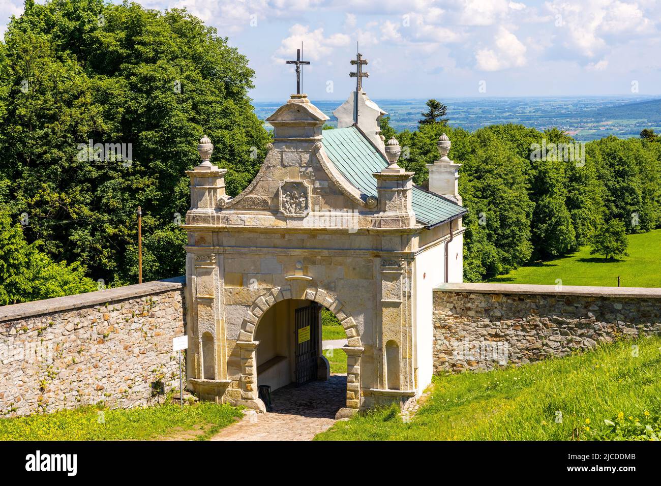 Swiety Krzyz, Poland - June 5, 2022: Lysa Gora, Swiety Krzyz mount hilltop with gate to medieval Benedictive Abbey and sanctuary in Swietokrzyskie Stock Photo