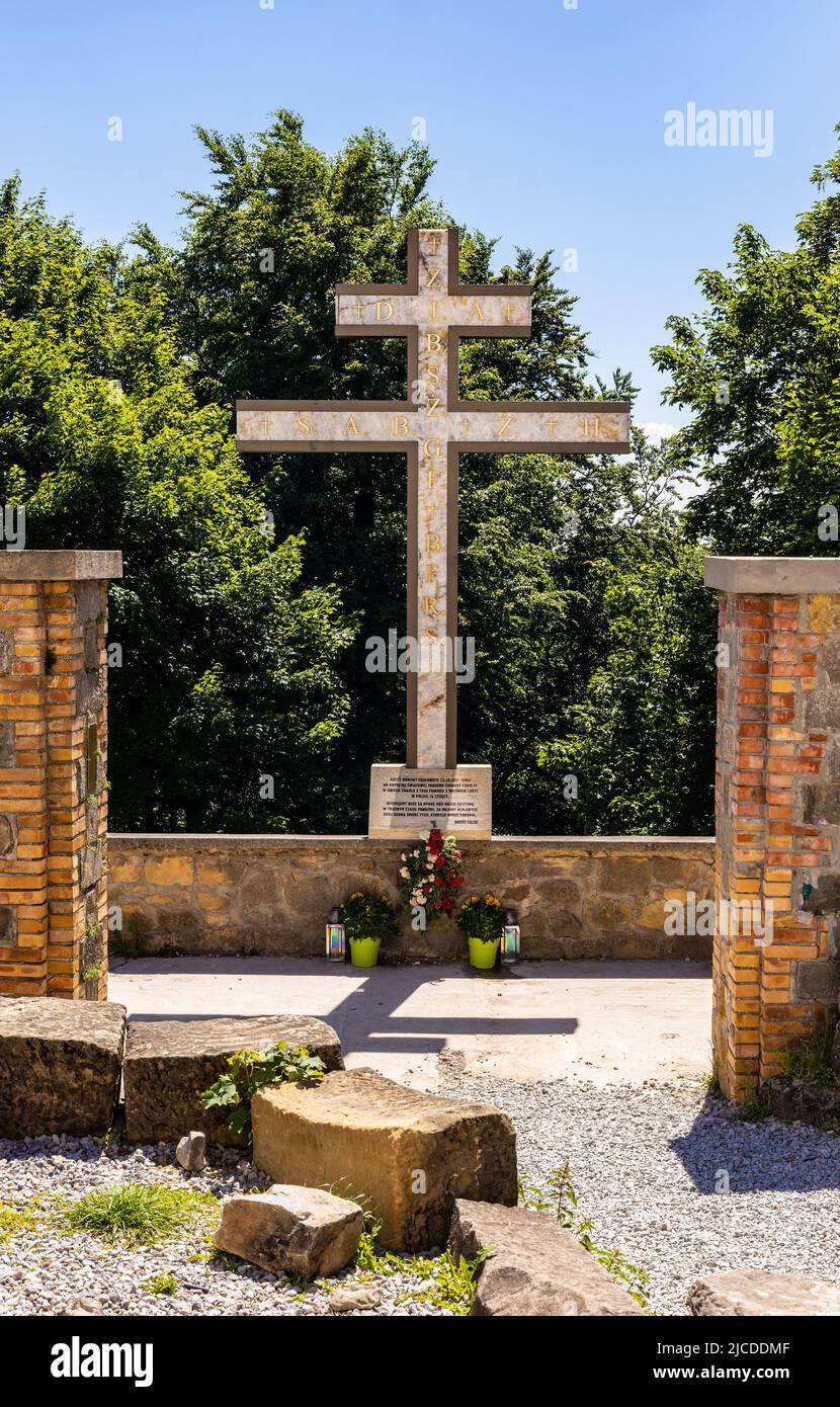 Swiety Krzyz, Poland - June 5, 2022: Memorial cross for Covid-19 epidemic victims on top of Lysa Gora, Swiety Krzyz mount at Benedictive Abbey Stock Photo