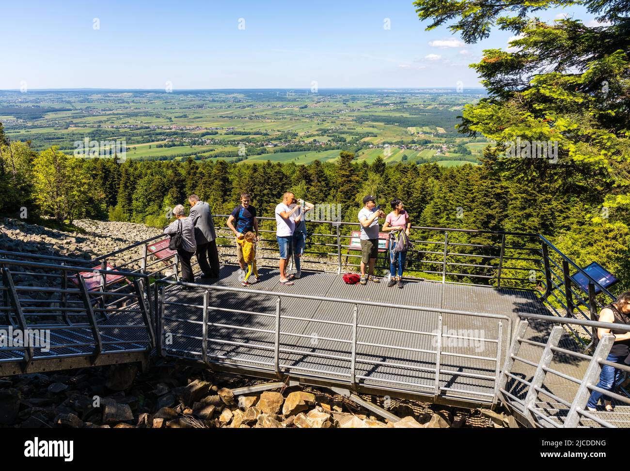 Swiety Krzyz, Poland - June 5, 2022: Observation platform over Goloborze Lysa Gora stone run, on Swiety Krzyz mount hilltop in Swietokrzyskie Mountain Stock Photo