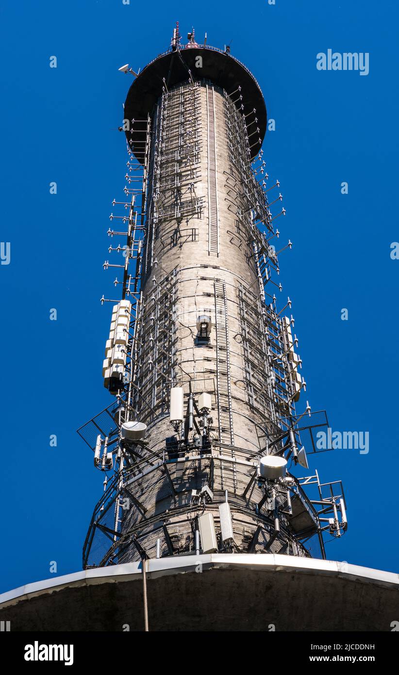 Swiety Krzyz, Poland - June 5, 2022: TV and radio transmission tower on top of Lysa Gora, Swiety Krzyz mount in Swietokrzyskie Mountains Nowa Slupia Stock Photo