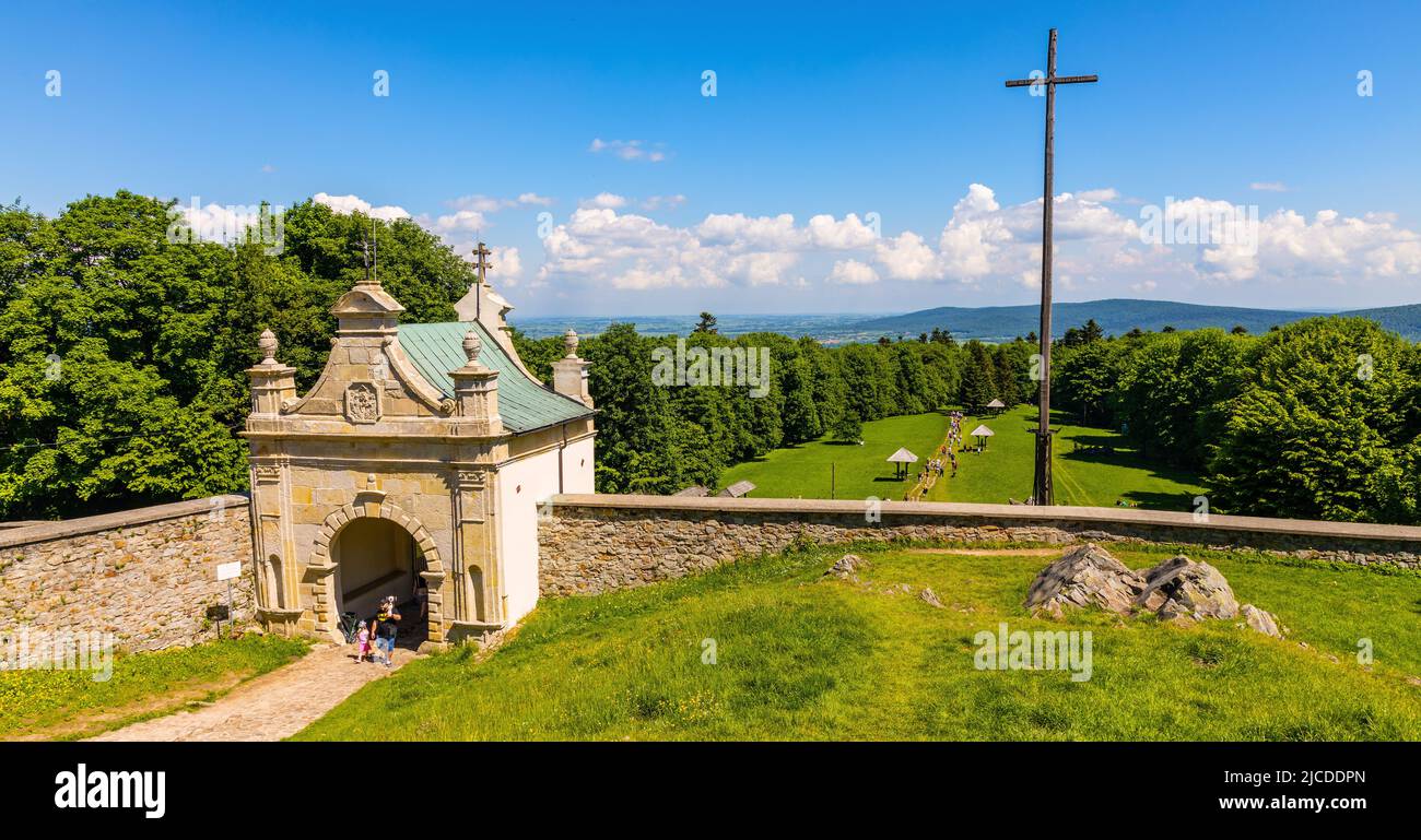 Swiety Krzyz, Poland - June 5, 2022: Lysa Gora, Swiety Krzyz mount hilltop with gate to medieval Benedictive Abbey and sanctuary in Swietokrzyskie Stock Photo