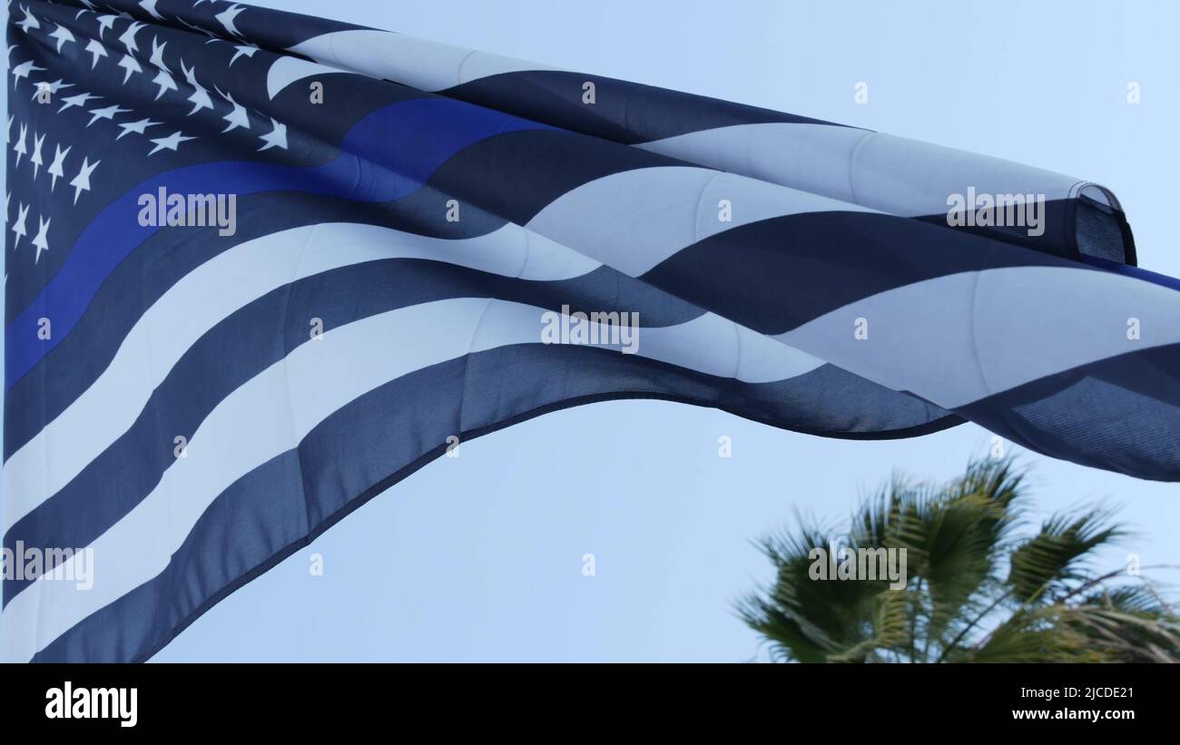 Black white american monochrome flag with blue stripe or line, police