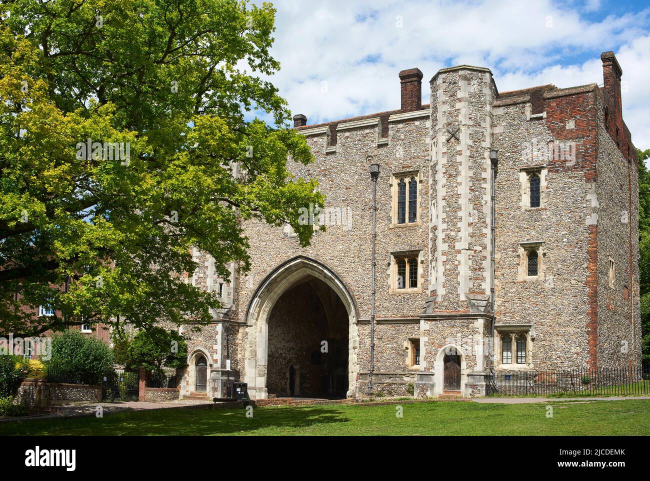 The medieval Abbey Gateway in the grounds of St Albans Cathedral, St Albans, Hertfordshire, Southern England Stock Photo