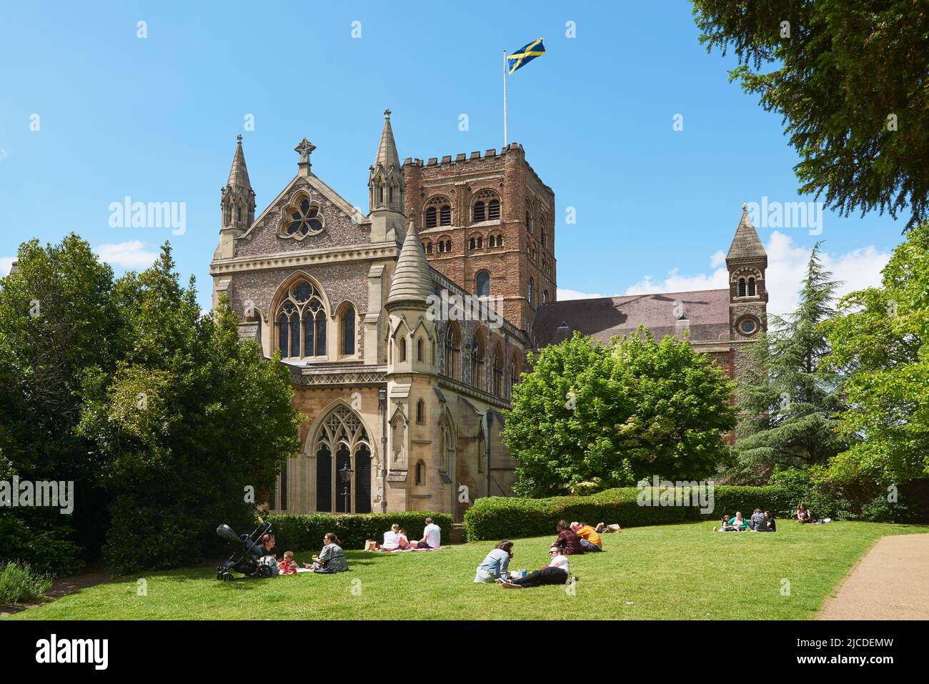 St Albans Cathedral from the Vintry Garden, central St Albans, Hertfordshire, England Stock Photo