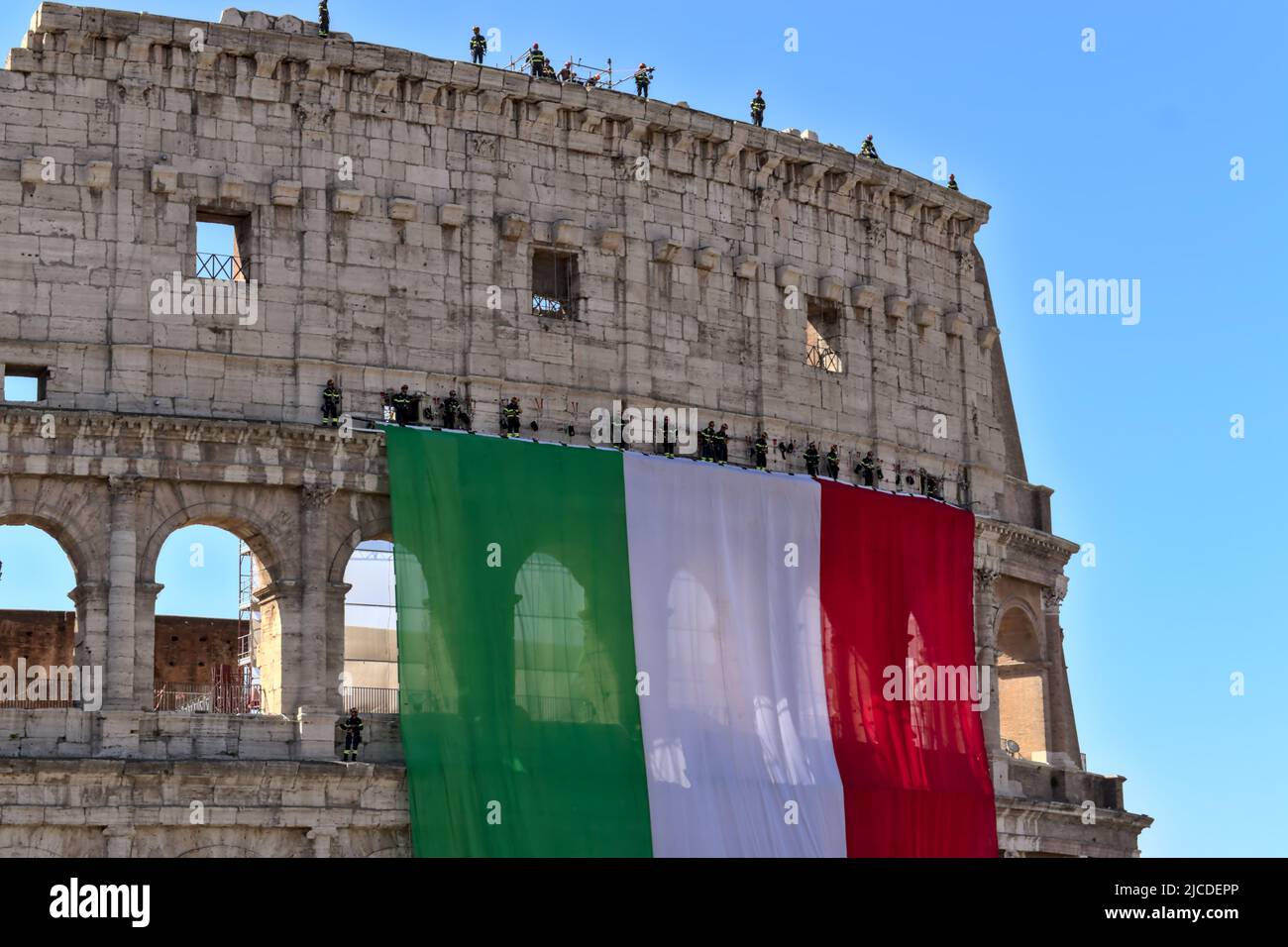 Italian military parade on 2 June. The colosseum is covered with the
