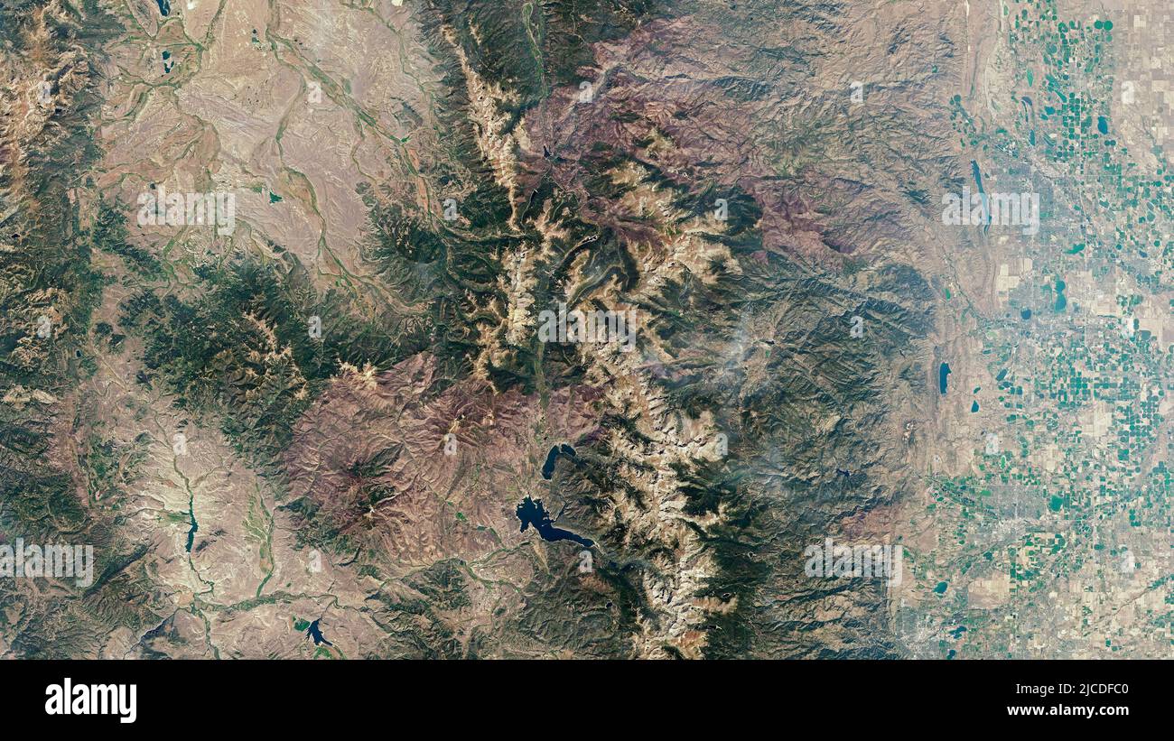 Aerial of the Rocky Mountains, Colorado with Grand Lake and Lake Granby at the bottom, center Stock Photo