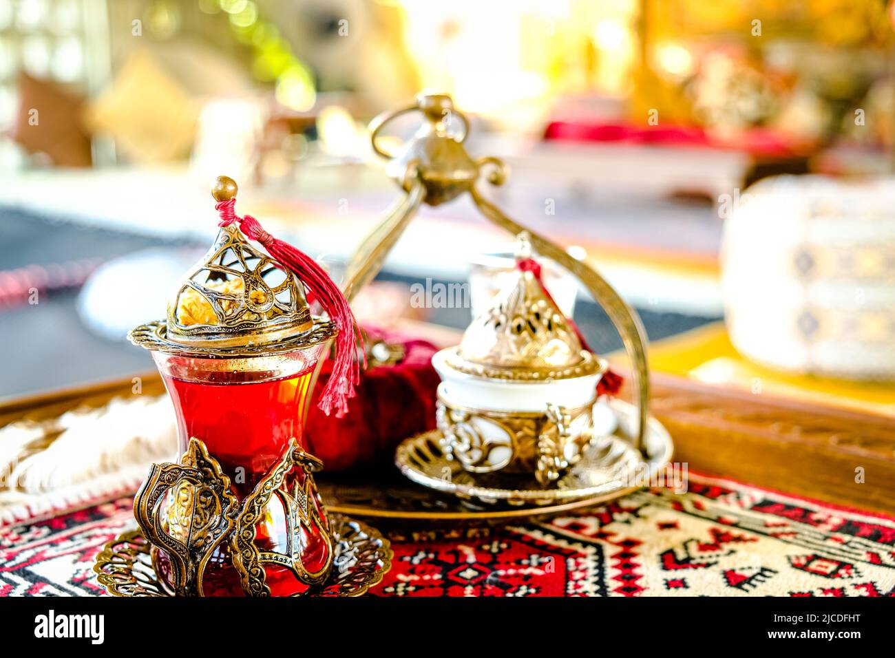 Turkish coffee and tea set in colorful traditional housewares in