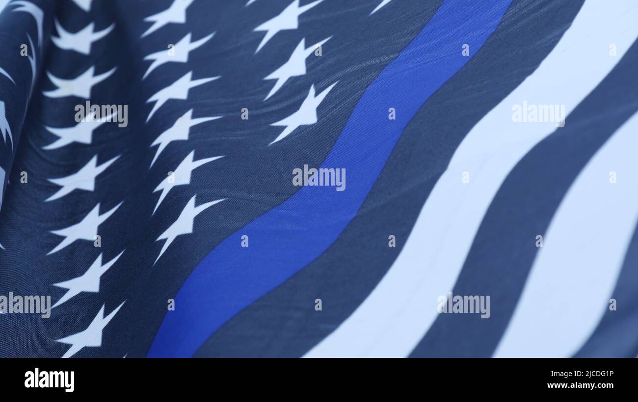 Black white american monochrome flag with blue stripe or line, police