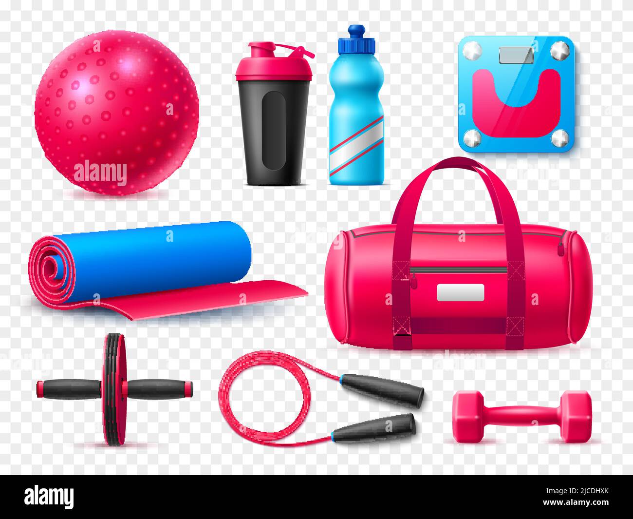 Realistic fitness elements. Gym women accessories, girls yoga objects,  different sport devices, bottle and shaker, bag, mat and dumbbell, jump  rope Stock Vector Image & Art - Alamy