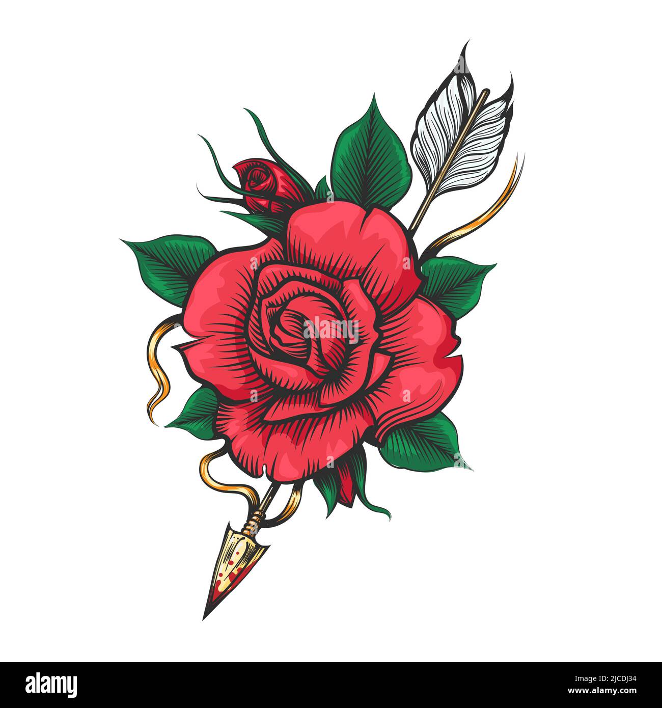 Tattoo of Rose Flower and Arrow. Love theme illustration isolated on white background. Vector illustration. Stock Vector
