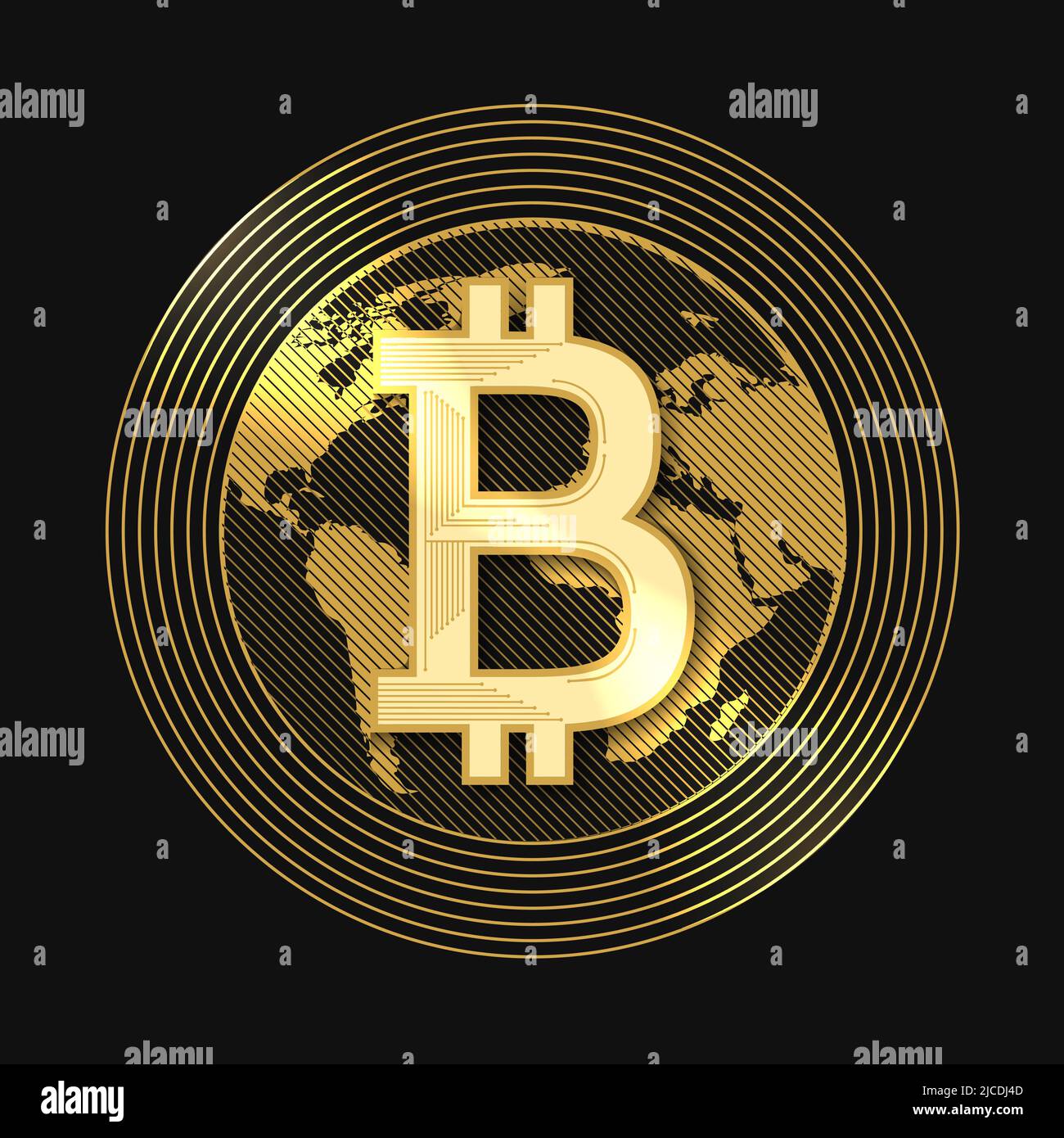 Golden Bitcoin Isolated on Black Backround. Digital Crypto currency symbol. Vector Illustration. Stock Vector
