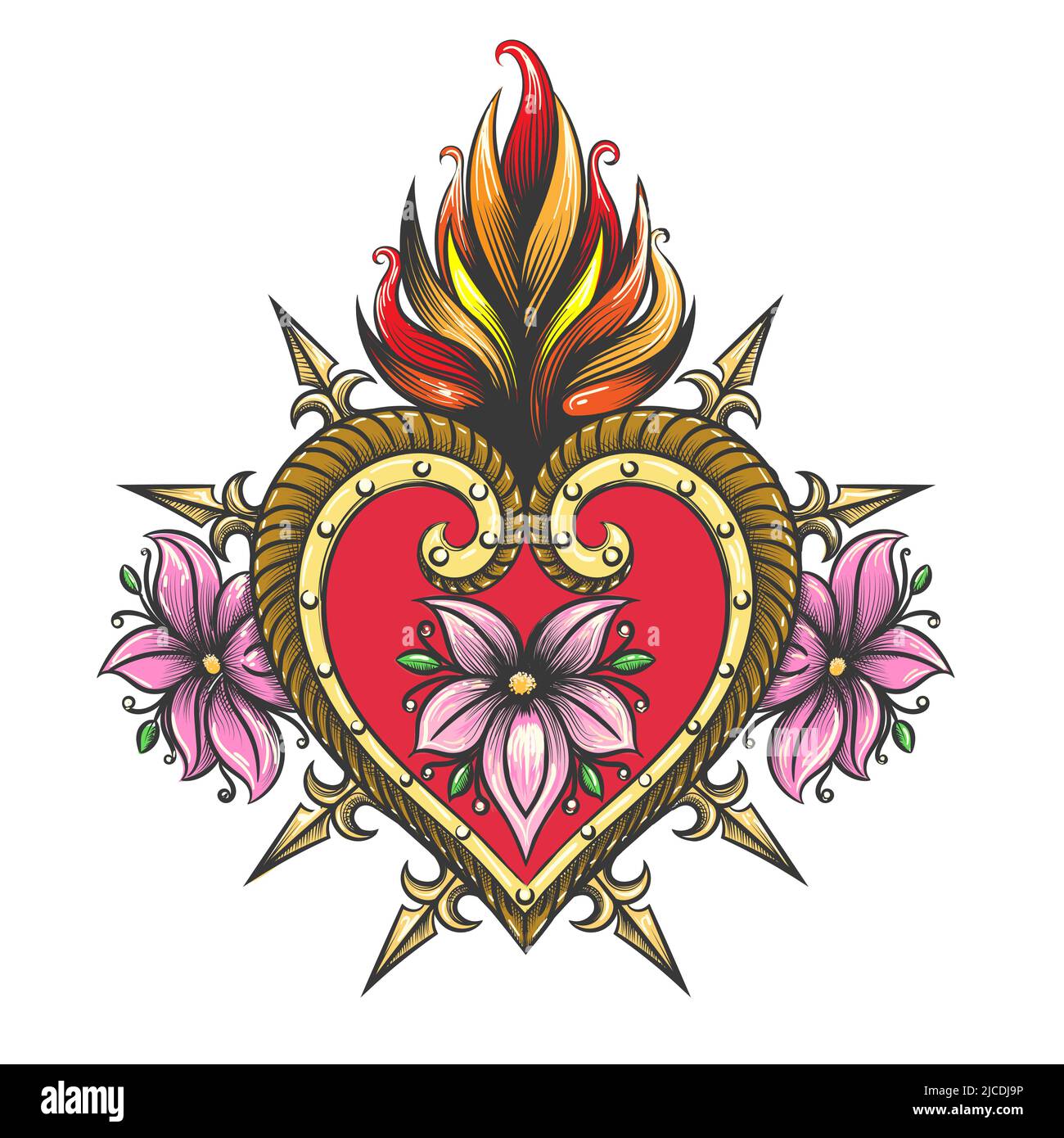 Tattoo of Sacred Heart Colorful Symbol isolated on white. Vector illustration. Stock Vector