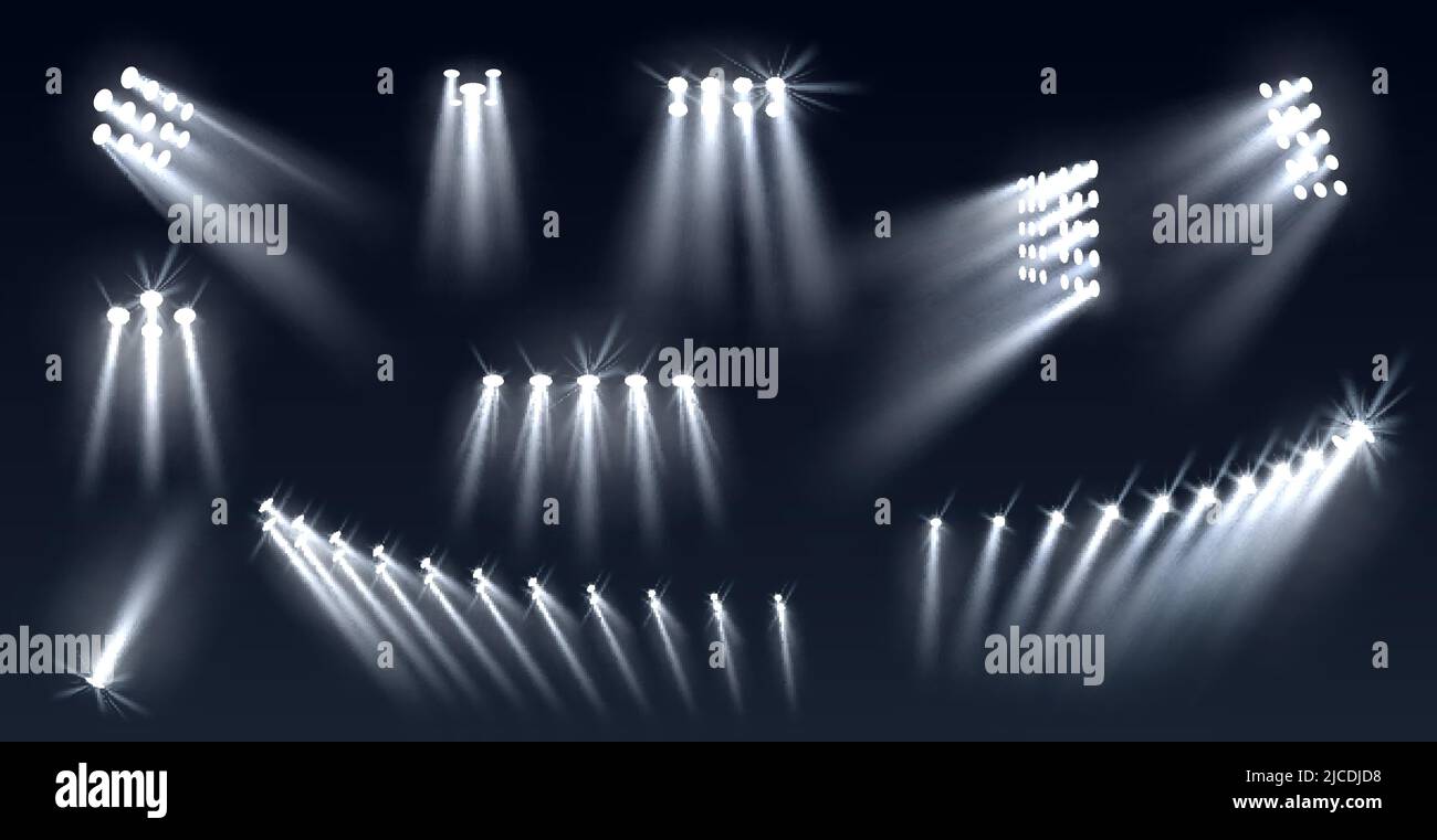 Stadium spotlights. Football field directional light sources, realistic searchlights. Illuminated studio and arena stage lamps, different directions Stock Vector