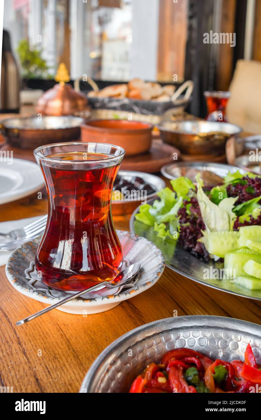 Turkish tea in a glass close-up. Stock Photo