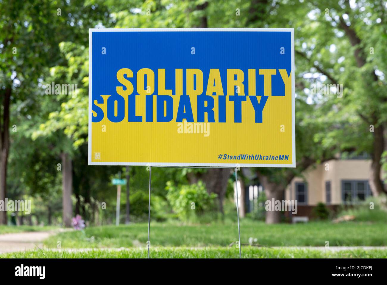 Colorful Minneapolis, Minnesota neighborhood yard sign in support, solidarity, and defense of Ukraine, against war with Russia. Stock Photo