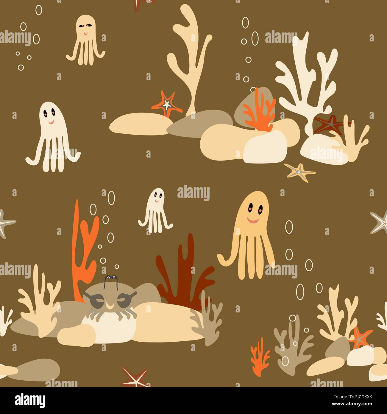 multicolored marine life on the rocks seamless pattern without background Stock Vector