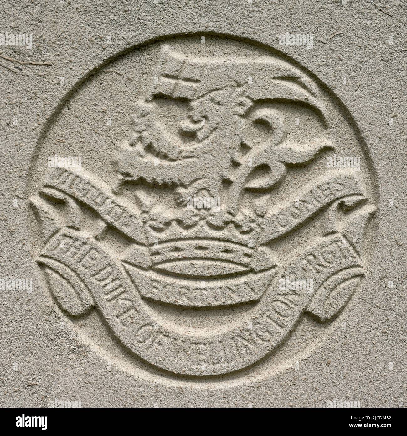 Military insignia of the WW2 - military emblem of the British Army on a soldier's headstone - The Duke of Wellington’s Regiment Stock Photo