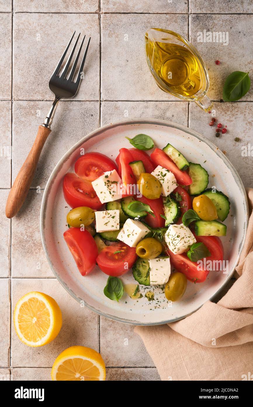 Greek salad. Fresh Greek salad with fresh vegetables, tomato, cucumber