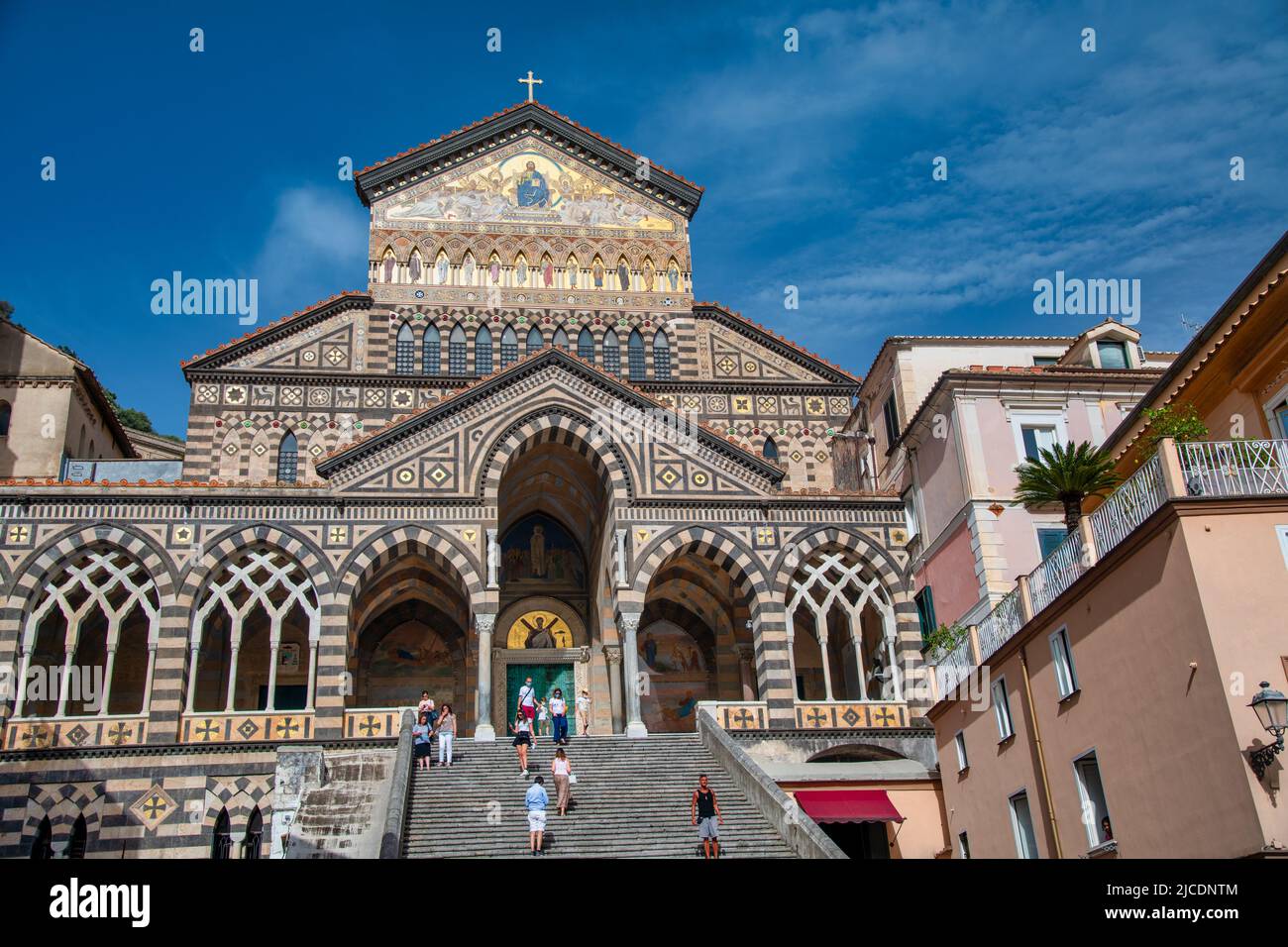 Amalfi, Italy - June 29, 2021: Amalfi cathedral with tourists on a sunny day. Stock Photo