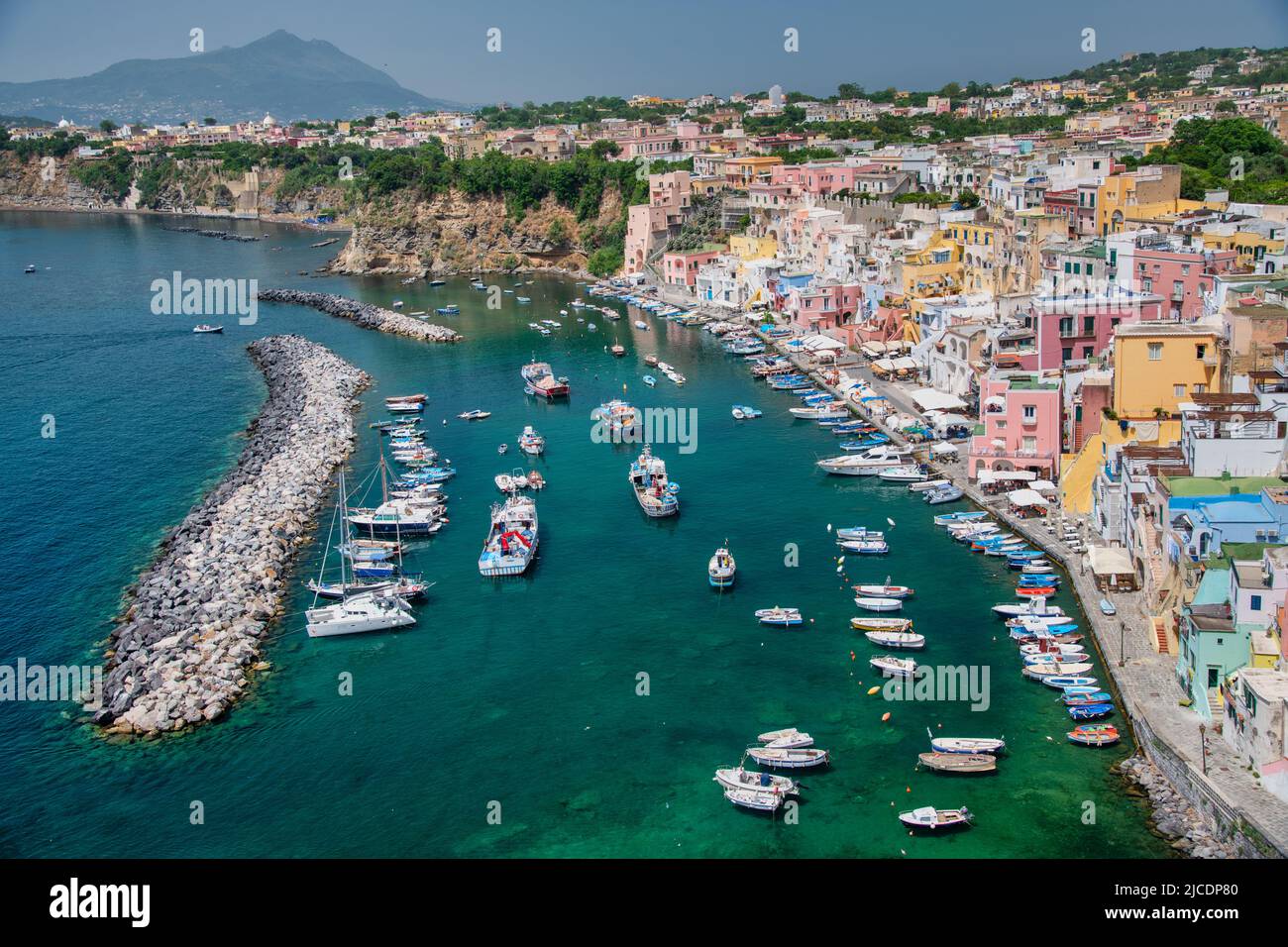 Aerial view of Procida Island beautiful homes, Italy. Marina Corricella- Stock Photo