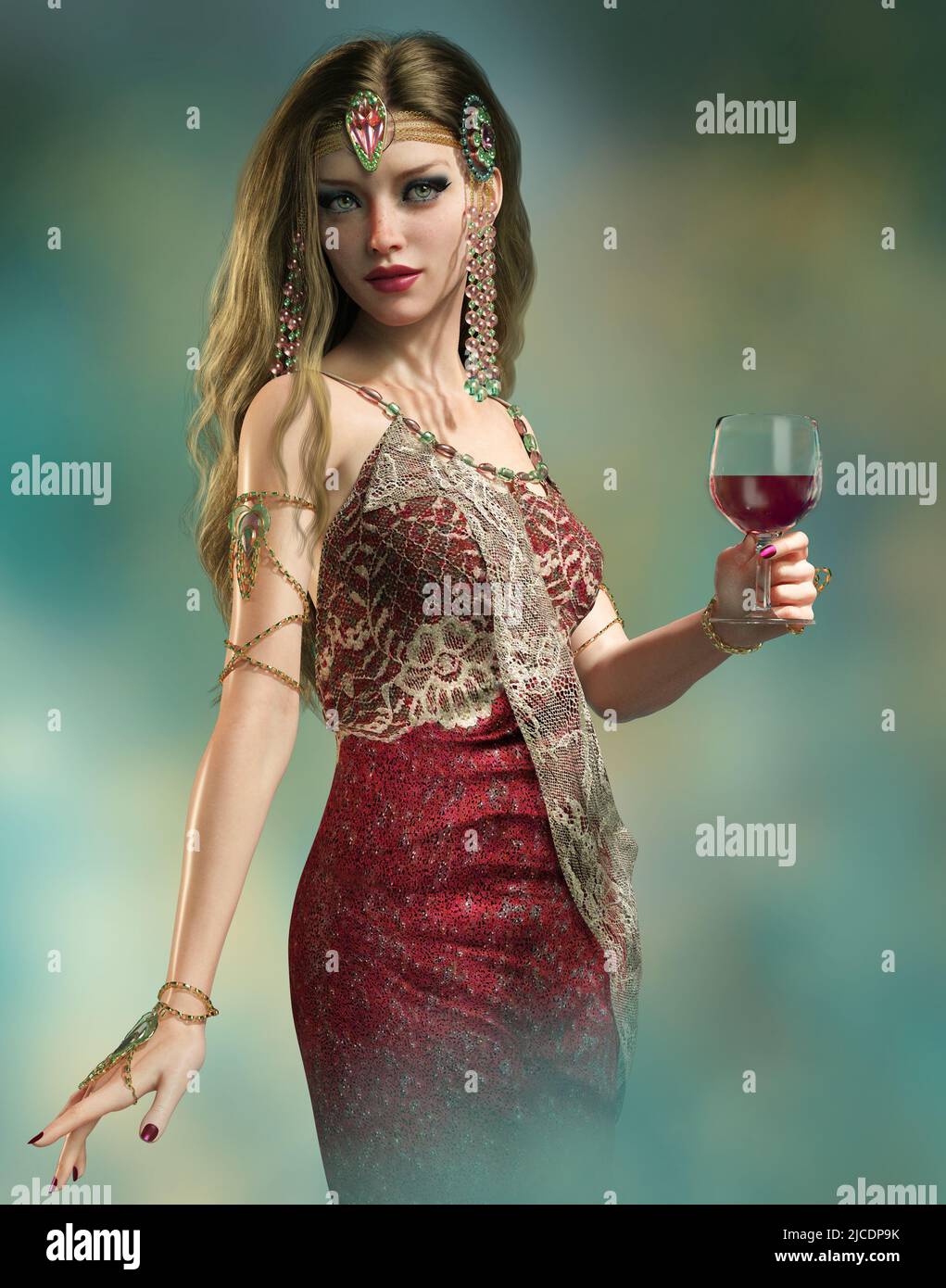 3d computer graphics of a lady in evening dress and a glass of red wine Stock Photo
