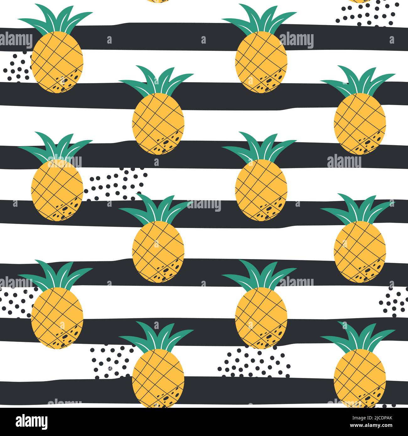 Vector seamless summer pattern with pineapples on black and white striped background. Hand drawn style pattern Stock Vector