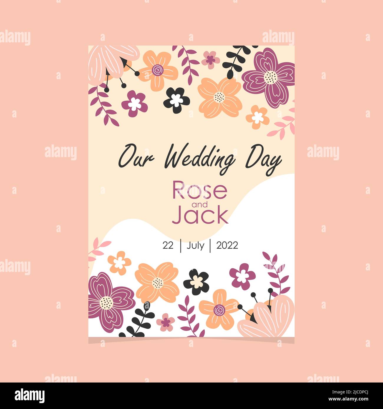 Wedding invitation template in pastel colors. Hand drawn flowers and