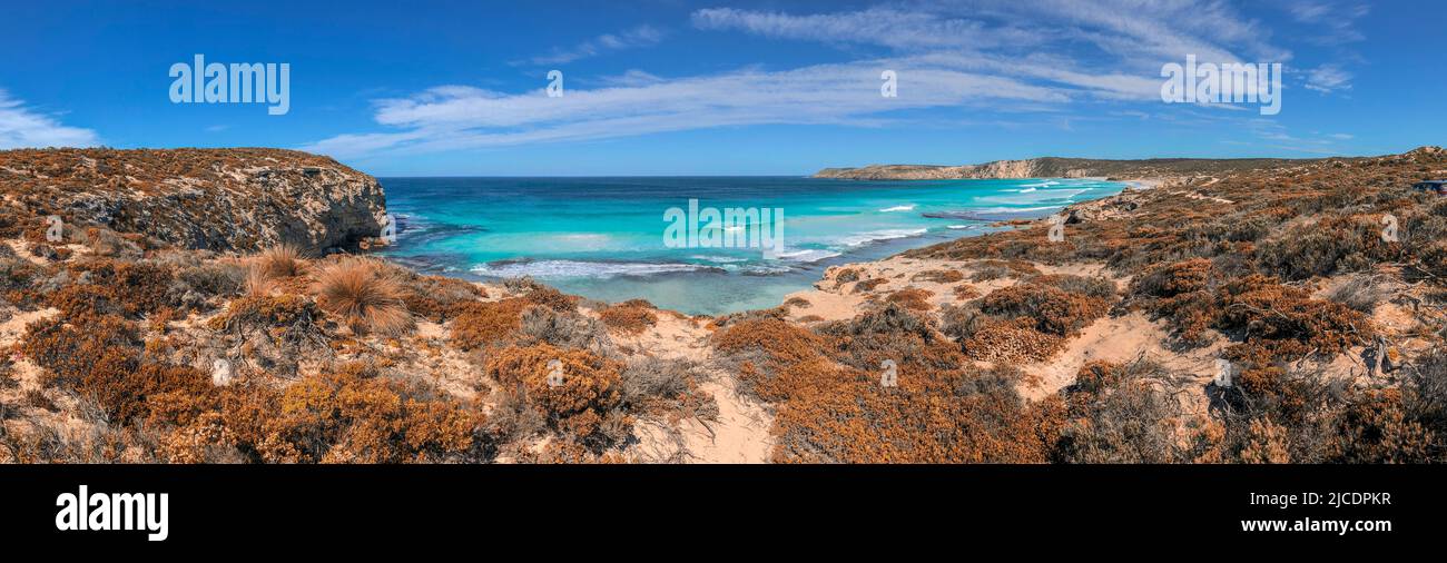 Island beach panoramic view with ocean and vegetation. Stock Photo